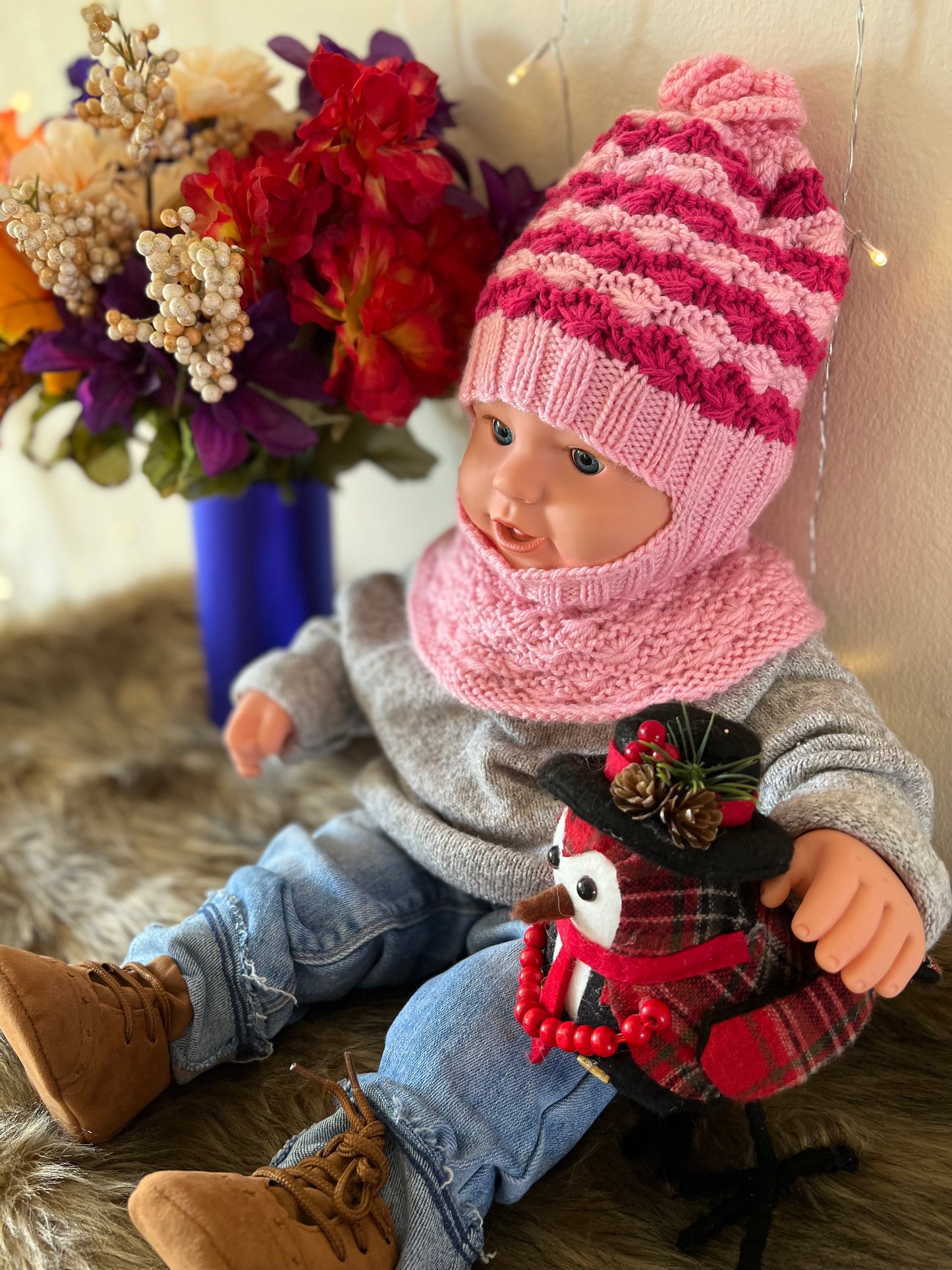 Multi-Tone Pink Baby's Hand-Knit Hat Neck Warmer (12+ Months)